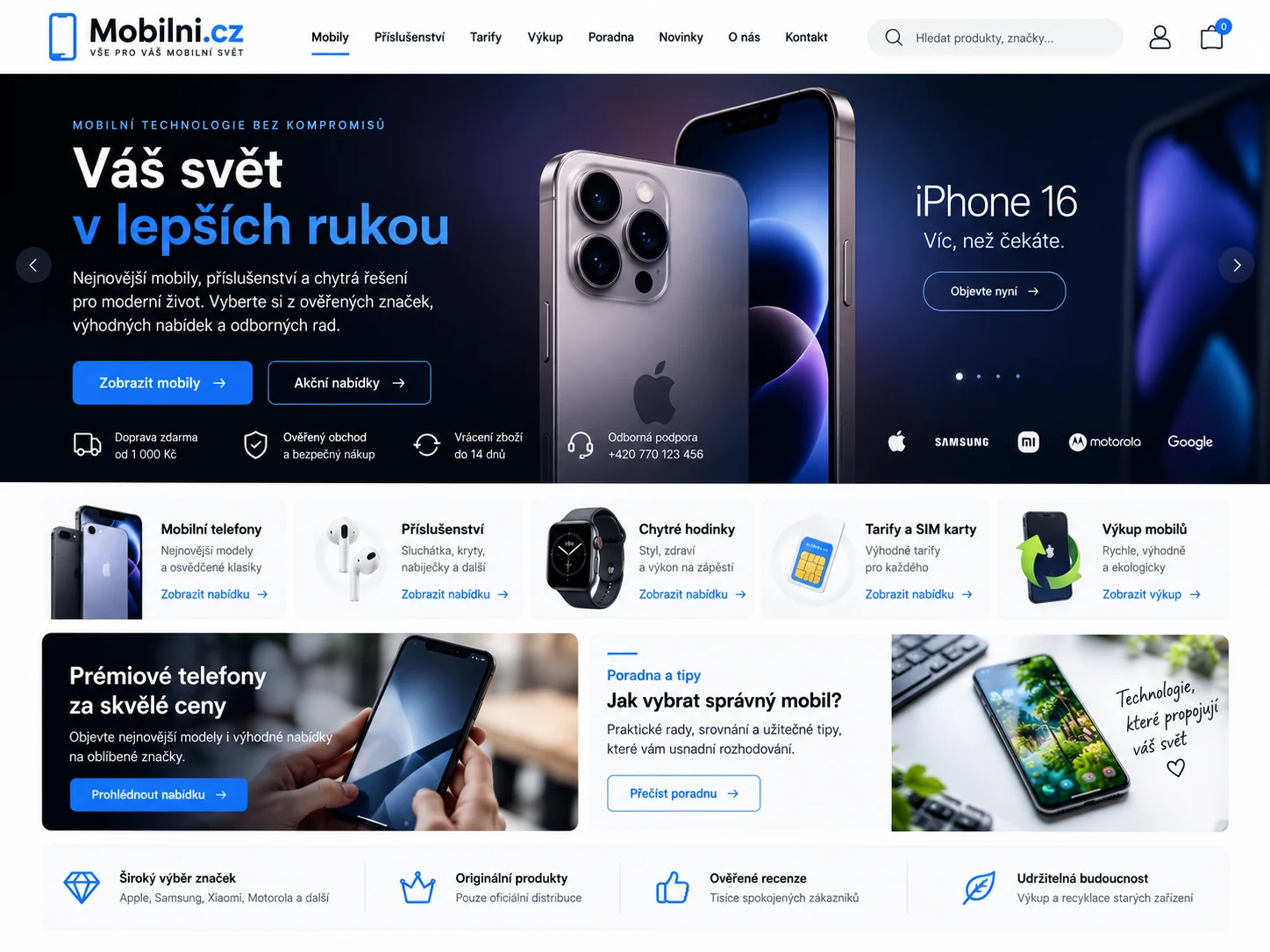 Vizuální návrh možného projektu Mobilni.cz zaměřeného na mobilní technologie a služby